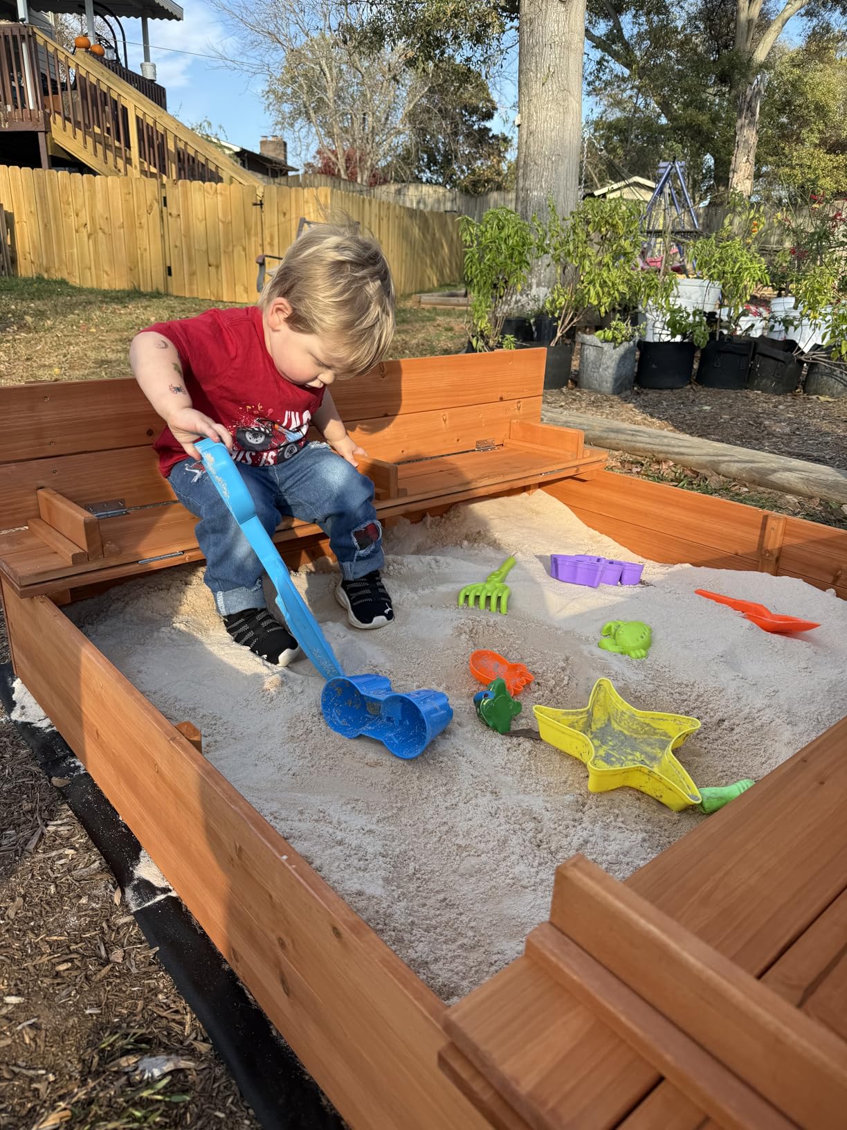 Best Choice Products Large Outdoor Wooden Sand Box for Kids, Sandbox with Cover, Bench Seats Support up to 220 lbs, Bottom Liner for Drainage, Cedar Wood - Brown customer photo 2