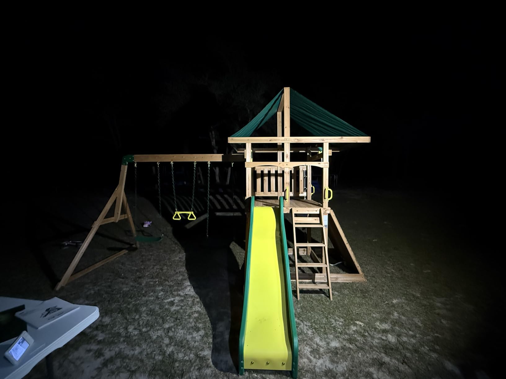 Backyard Discovery Mount McKinley Cedar Wood Swing Set with Wave Slide, Play Deck, Double Rock Wall, Rope Ladder, Web Swing, Belt Swings, Toy Telescope, Steering Wheel, Sandbox Area, Outdoor Playset customer photo 1