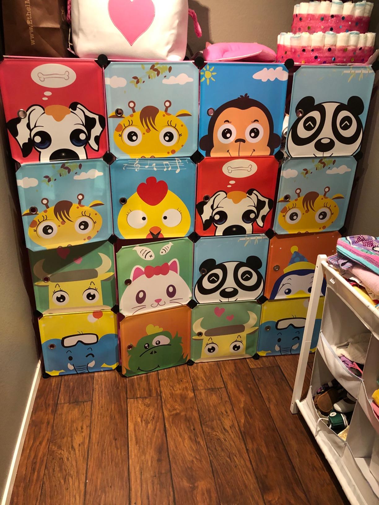 MAGINELS Kids Closet, Baby Wardrobe Closet with Door, Cute Portable Armoire Dresser, Clothes Hanging Storage Rack for Boy Bedroom, Blue, 12 Cube (14x14inch) customer photo 1