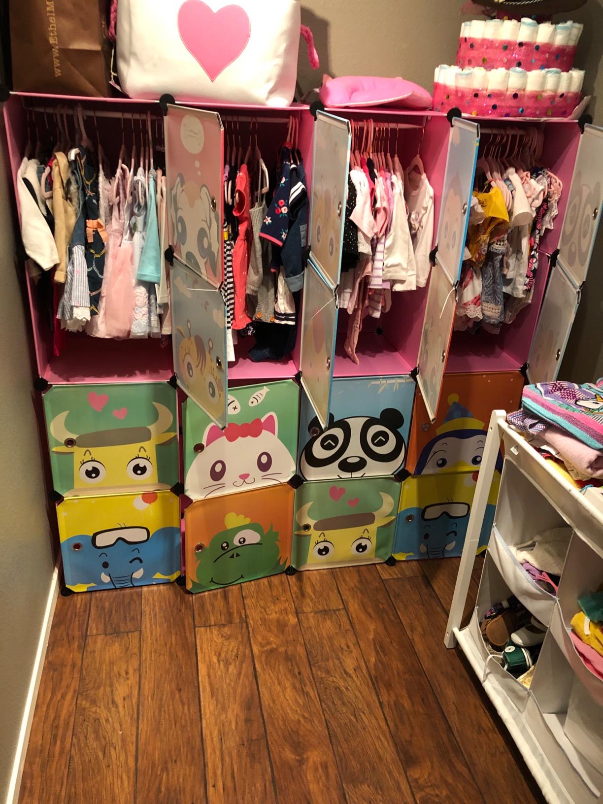 MAGINELS Kids Closet, Baby Wardrobe Closet with Door, Cute Portable Armoire Dresser, Clothes Hanging Storage Rack for Boy Bedroom, Blue, 12 Cube (14x14inch) customer photo 2