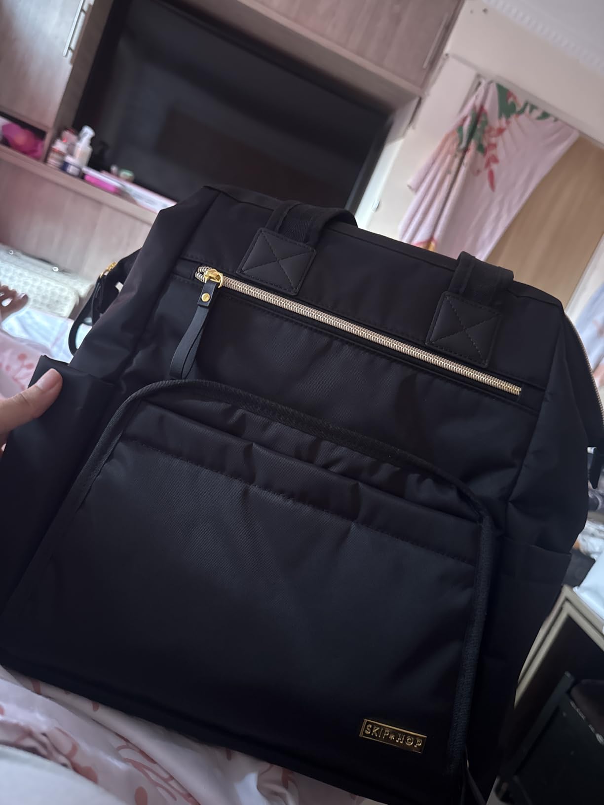Skip Hop Diaper Bag Backpack: Mainframe Large Capacity Wide Open Structure with Changing Pad & Stroller Attachment, Black with Gold Trim customer photo 1