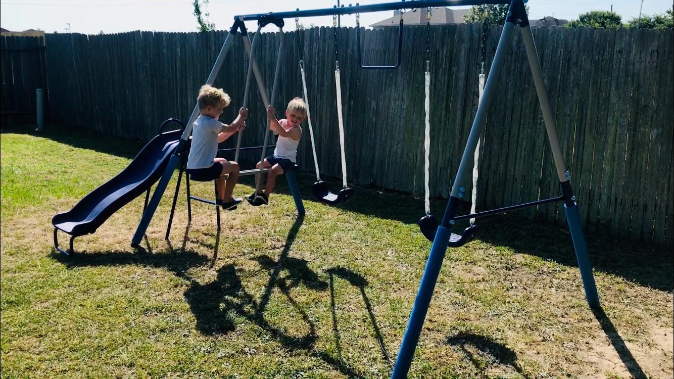 Sportspower Arcadia Metal Swing Set for Kids - Trapeze, 2-Person Glider, 5ft Slide, Anchor Kit, 6.1' Durable Steel Frame - Outdoor Backyard Playset with 600 lb Capacity customer photo 2