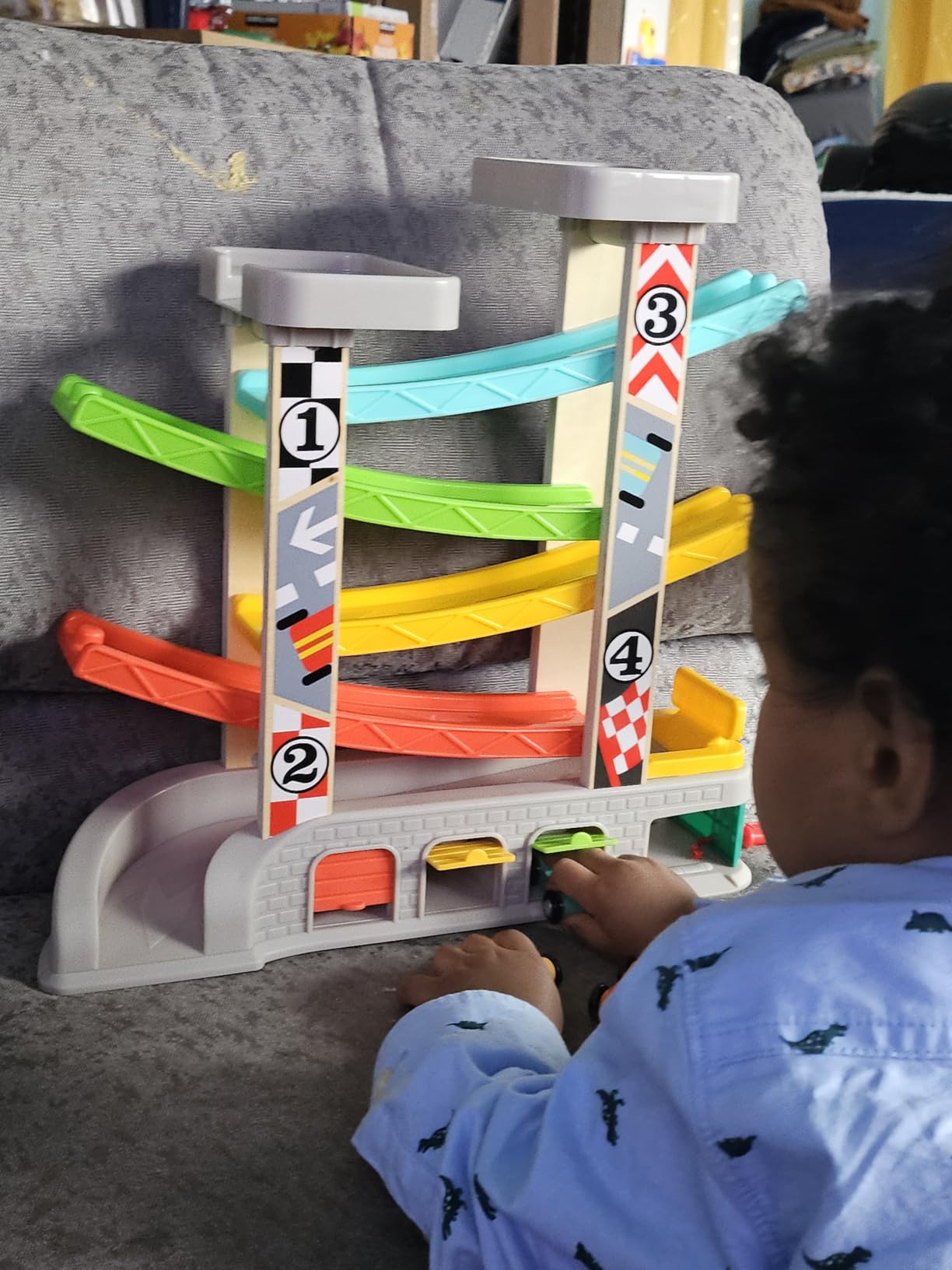 TOP Bright Toddler Wooden Race Track Car Ramp Toys for 1 2 Year Old Baby Motor Skills Race Tracks Car Ramp Vehicle Playsets with 4 Mini Cars and 1 Car Garage customer photo 1