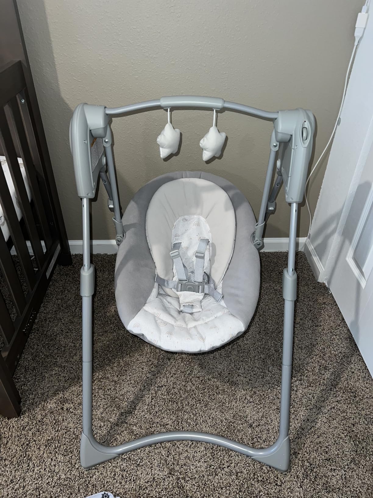 Graco Slim Spaces Compact Baby Swing, Space Saving Portable Bay Swing with Height Adjustable Legs and Soft Toys, Reign customer photo 2