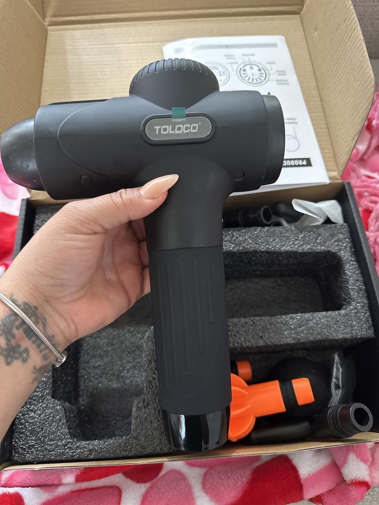 TOLOCO Massage Gun Deep Tissue, Percussion Massage Gun with 10 Replacement Heads, Super Quiet Portable Electric Massager for Athletes, Relax, Black customer photo 2