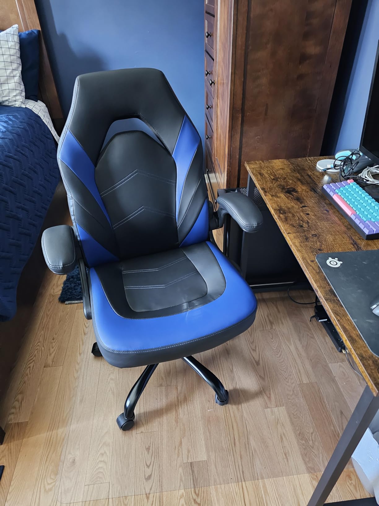 Sweetcrispy Computer Video Game Chair - Ergonomic Home Office with Comfy Lumbar Support, PU Leather Height Adjustable with Flip-up Armrest and 360° Swivel Wheels, Blue, for Adults, Teens customer photo 2