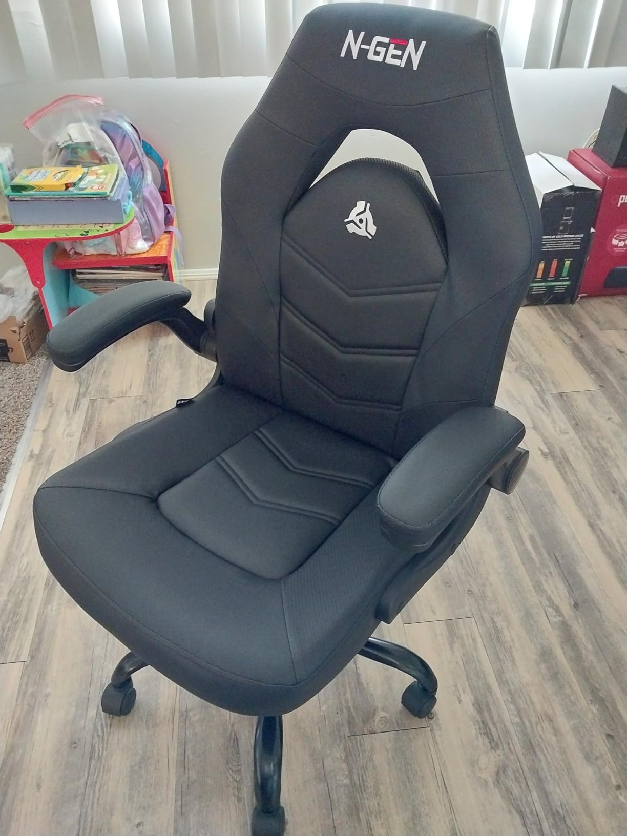 N-GEN Video Gaming Chair Ergonomic Computer Desk Office Chair with Lumbar Support Adjustable Height Swivel Wheels Flip-Up Arms PU Leather Home and Office (Black) customer photo 2