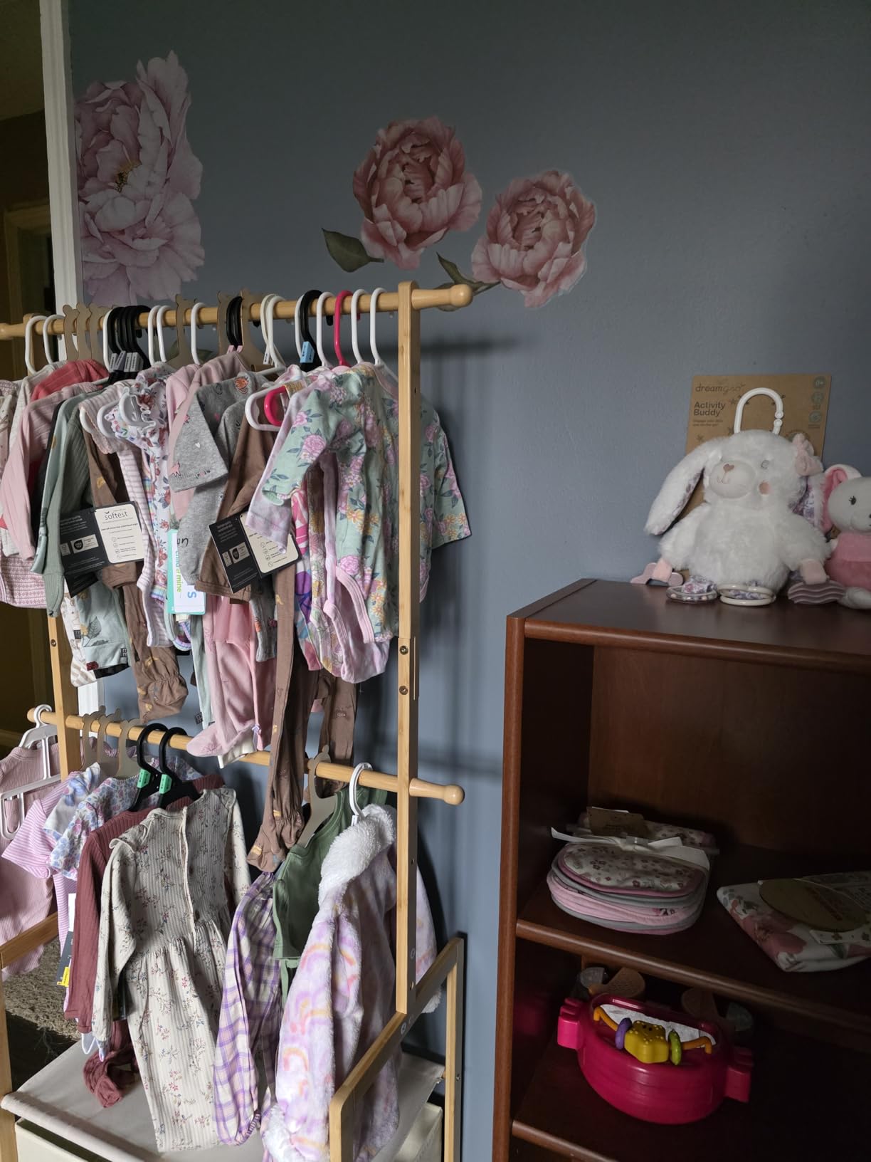 Kids Clothing Rack Bamboo with 2 Storage Baskets and 2 Adjustable Hanging Rods, Child Garment Holder with Shelf, Dress up Racks for Playroom, Toddlers Bedroom (Natural) customer photo 1