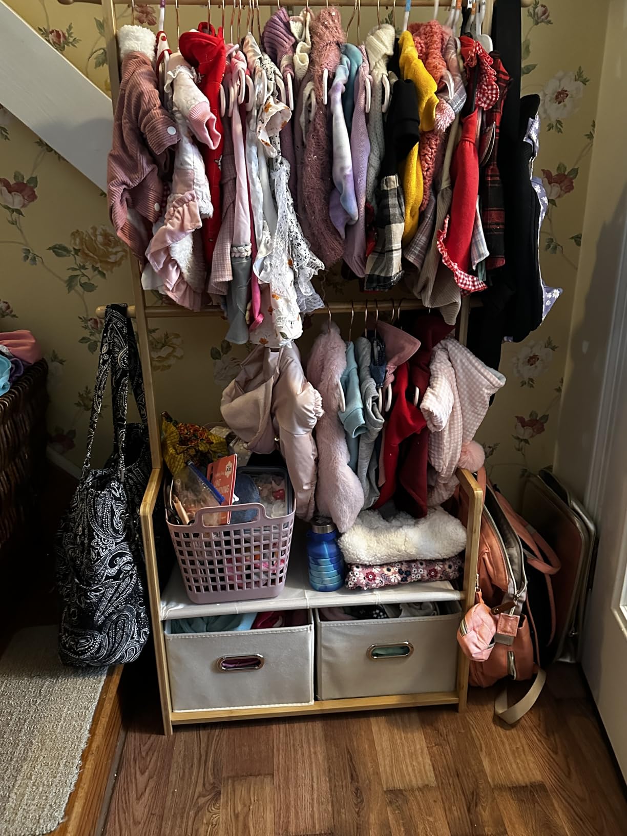 Kids Clothing Rack Bamboo with 2 Storage Baskets and 2 Adjustable Hanging Rods, Child Garment Holder with Shelf, Dress up Racks for Playroom, Toddlers Bedroom (Natural) customer photo 2