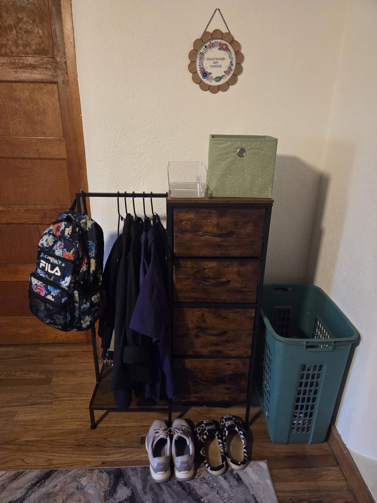 Dresser with Hanging Rack, 4 Drawers Small Closet for Bedroom, Reversible Fabric Kids Chest of Drawers with Clothes Rack, Tall Storage Tower, Sturdy Frame, White, 44''H customer photo 1