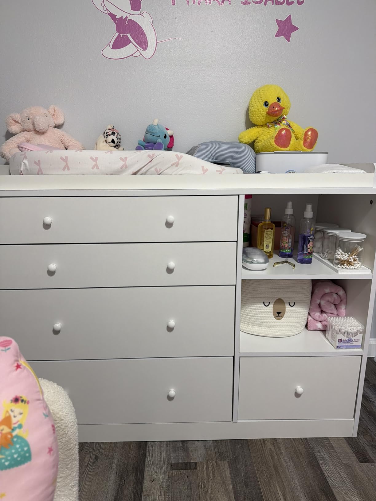 Changing Table Dresser, Baby Classic Nursery Dresser with 5 Drawers and 2 Shelves, Multi-Functional Baby Changing Table, Diaper Changing Station for Children's Room, White customer photo 2
