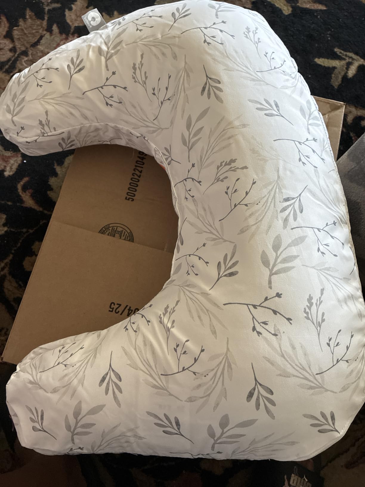 Boppy Nursing Pillow - Firm, Ergonomic U-Shaped Bottle and Breastfeeding Pillow with High Lift for Comfort and Support, Spacious Surface - Gray Gentle Leaves customer photo 1