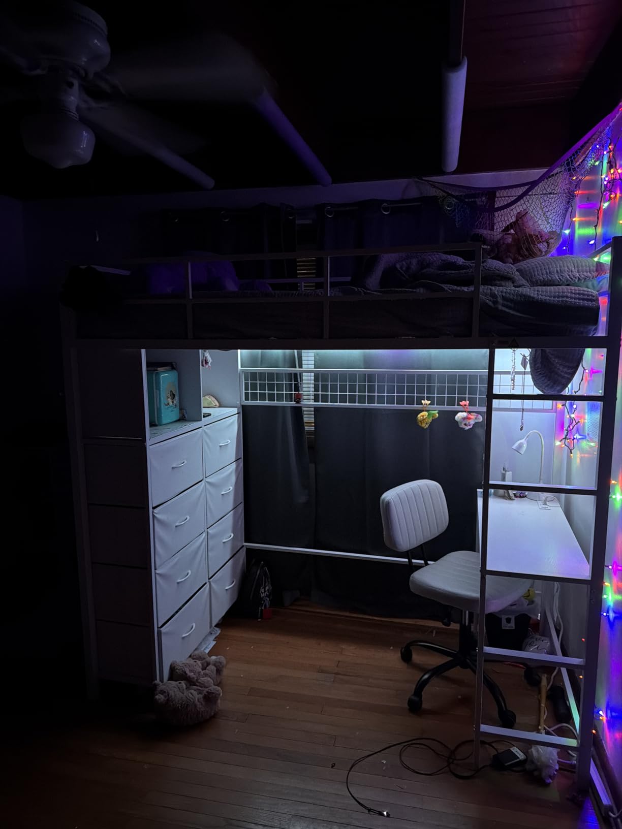 ADORNEVE Twin Size Loft Bed with Desk and 8 Storage Drawers, Metal Kids Loft Bed Twin with LED Lights & Charging Station, Storage Shelves, 13.1
