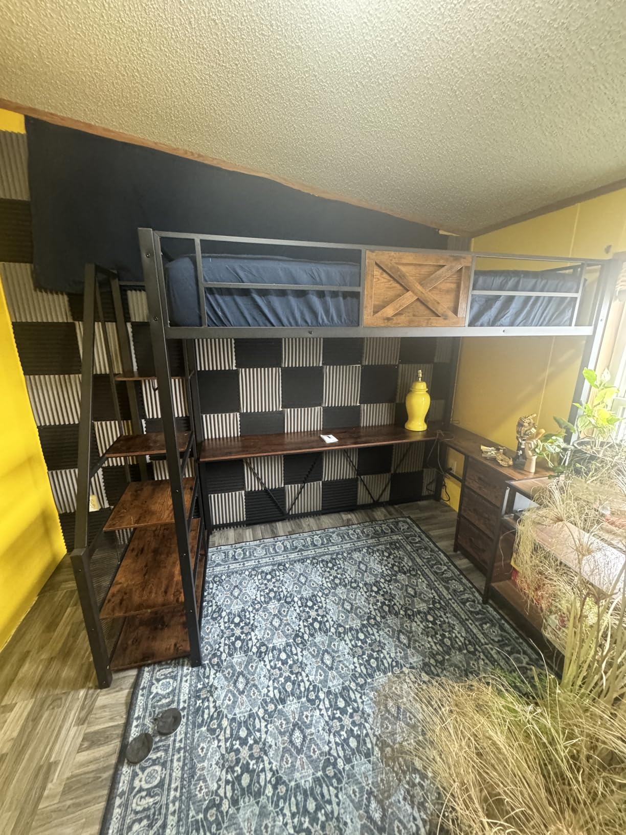 Itaar Stairway Twin Size Loft Bed with L Shaped Desk and Wardrobe, Metal Loft Bed Frame with Storage Stairs, 3 Fabric Drawers, LED Lights & Charging Station, Rustic Brown customer photo 1