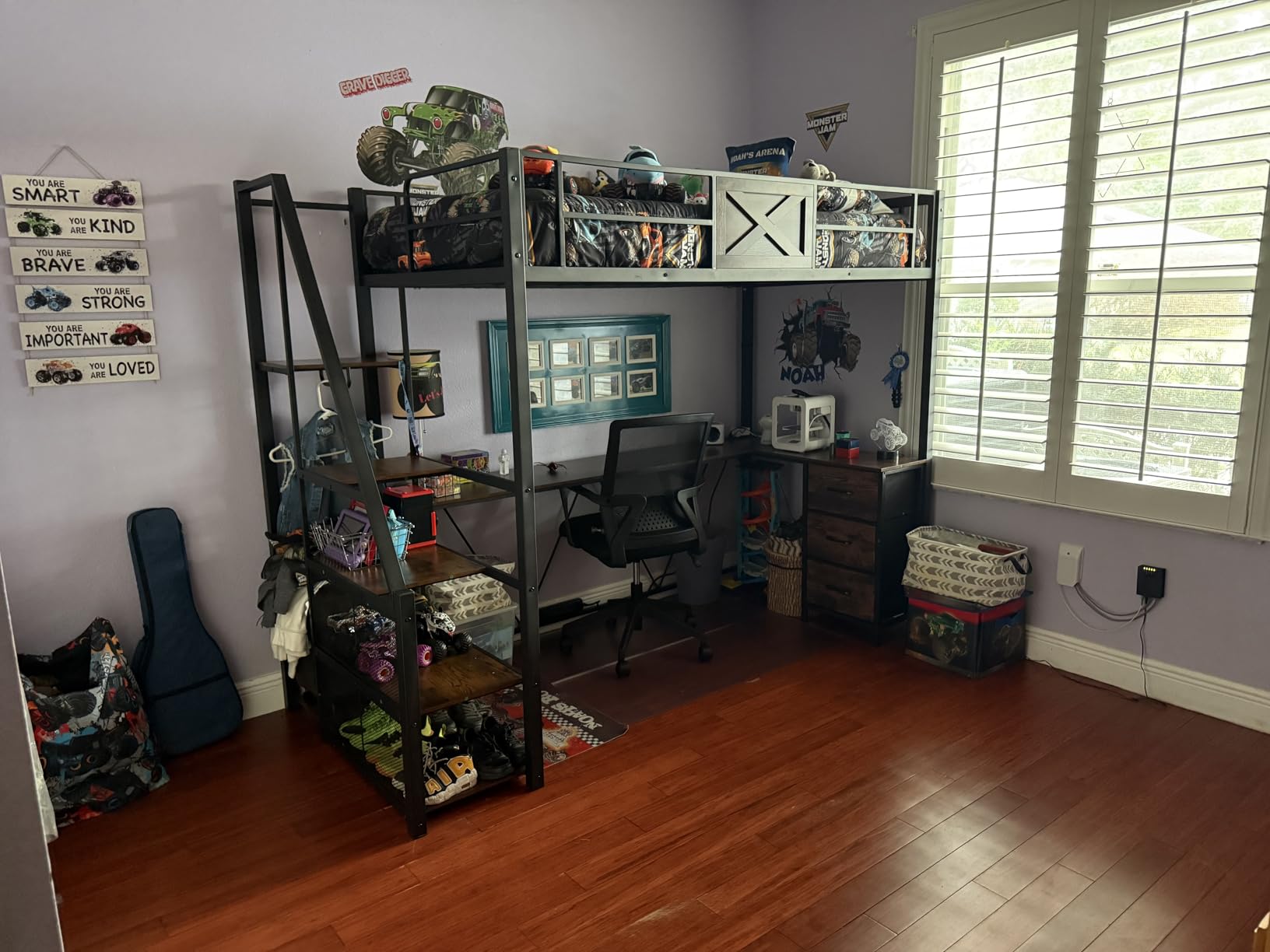 Itaar Stairway Twin Size Loft Bed with L Shaped Desk and Wardrobe, Metal Loft Bed Frame with Storage Stairs, 3 Fabric Drawers, LED Lights & Charging Station, Rustic Brown customer photo 2