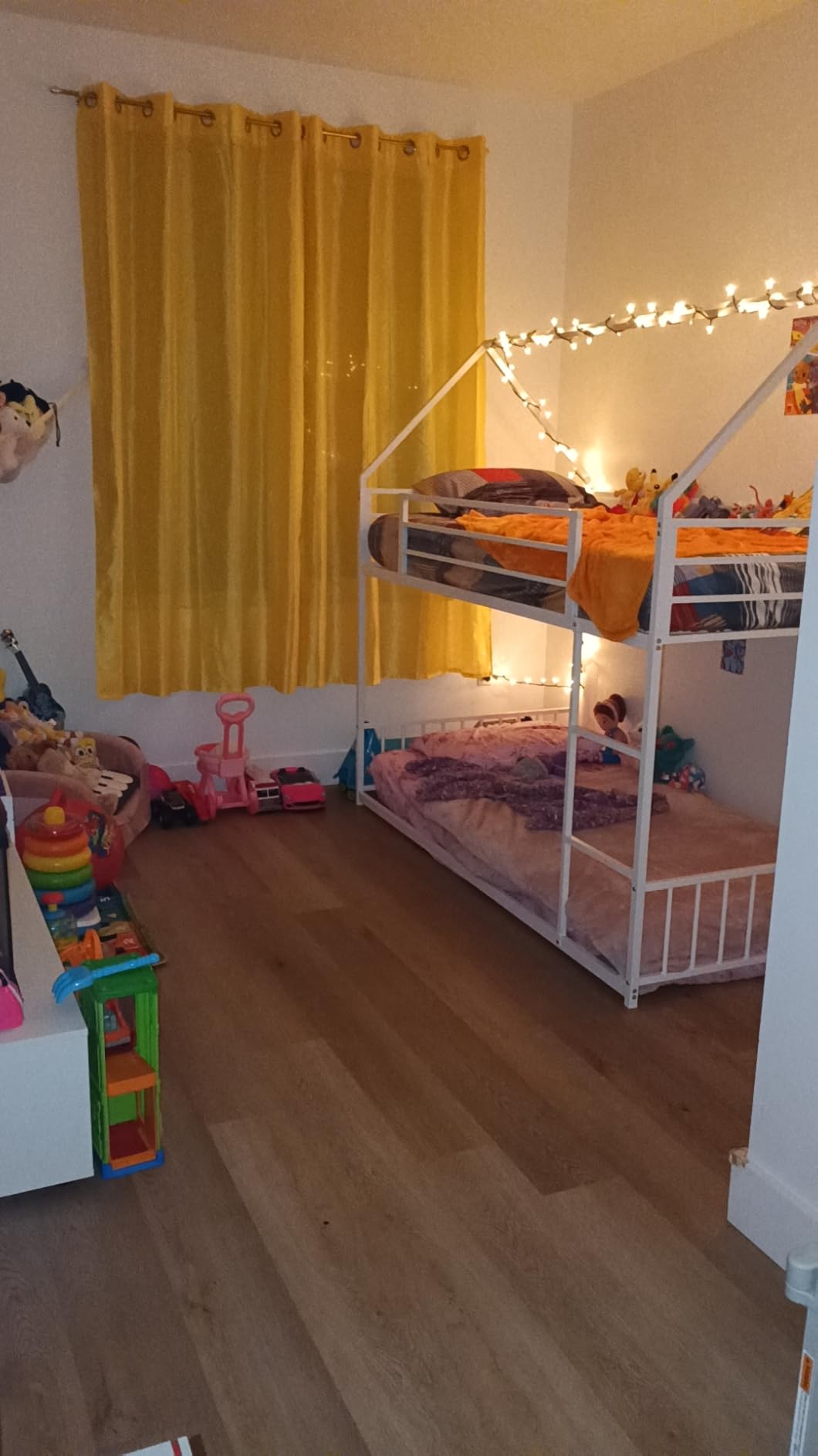 LIKIMIO Bunk Bed Twin Over Twin, House Bunk Bed Frame with Ladder and Guardrail, House Shaped with Metal Slats for Dormitory and Bedroom, Space Saving, No Box Spring Needed, White customer photo 1