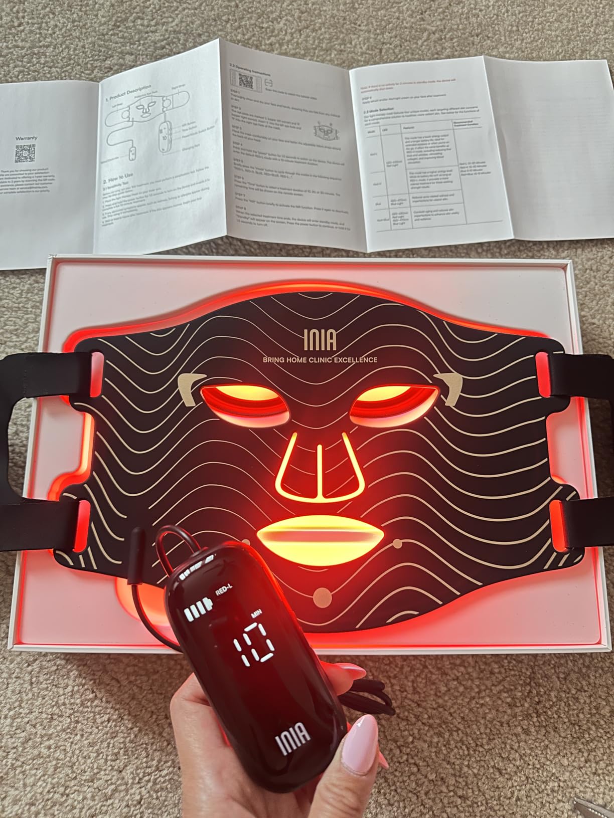 INIA Red Light Therapy Mask for Face - 4 Light Modes with 850nm NIR, Red & Blue LED Light Therapy, 2600mAh Rechargeable LED Face Mask for Radiant Glow at Home, Black customer photo 1