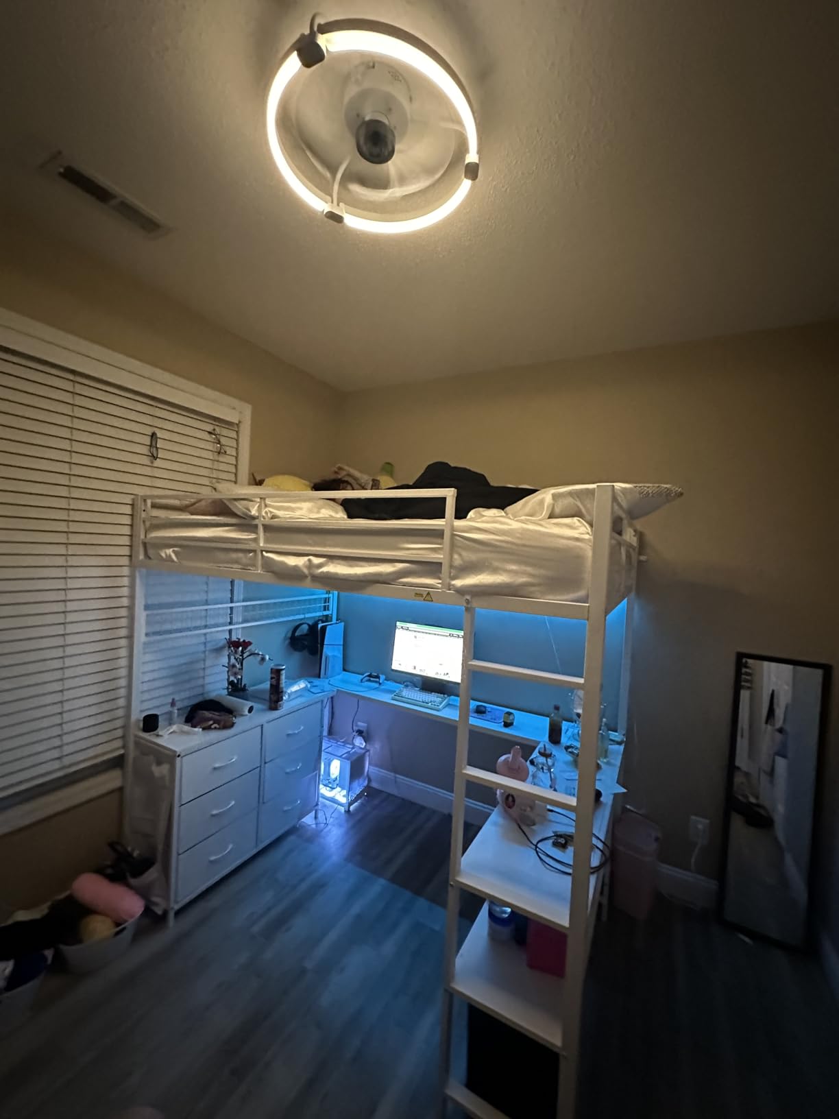 ADORNEVE Loft Bed Full Size with U-Shaped Desk, 6 Storage Drawers, Power Outlet, LED Metal Loft Bed with 2 Storage Shelves, Bed with Safety Guardrail & Ladders, Space-Saving, White customer photo 2