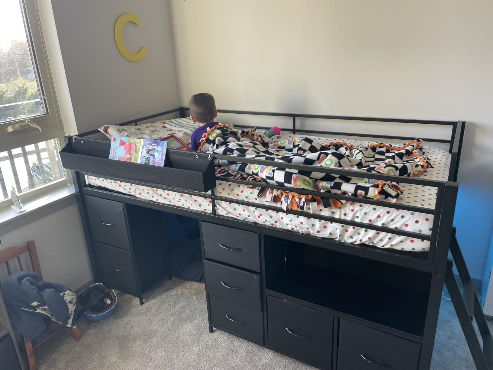 ADORNEVE Low Loft Bed Twin Size with 7 Storage Drawers, Bookcase and LED Lights, Metal Kids Loft Bed with 14