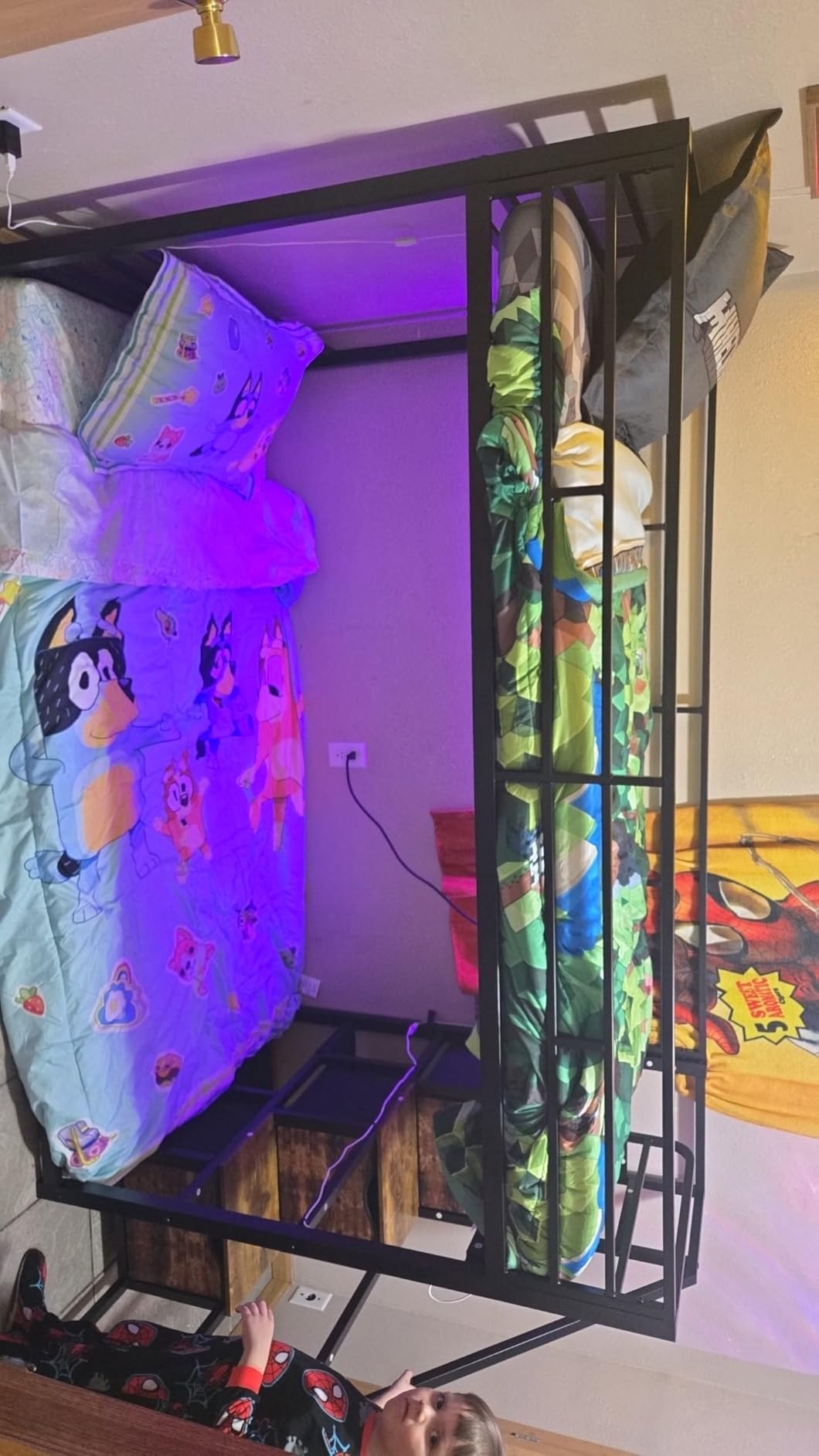 ADORNEVE Low Bunk Bed Twin Over Twin with Storage Staircase, Drawers & Shelves, RGB LED Lights Metal Floor Bunk with Power Outlet, Full-Length Guardrail, Black customer photo 1