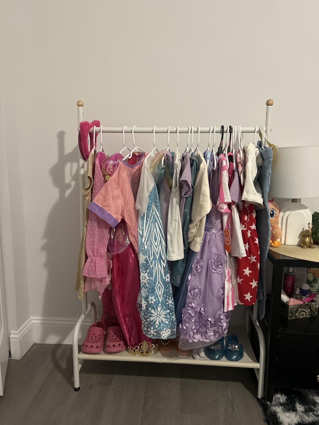 Clothes Rack - Sturdy Metal Kids Clothing Rack with Bottom Storage Shelf & Adjustable Feet, Dress Up Storage for Toddler's Bedrooms, Nurseries, Playrooms, 31