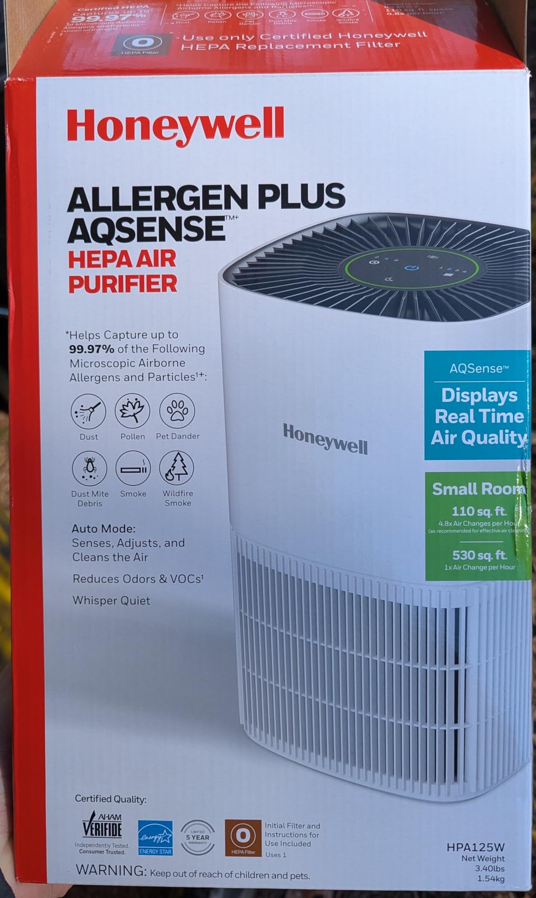 Honeywell Allergen Plus Compact HEPA Small Room Air Purifiers for Home, Up to 530 Ft² Coverage, 3-in-1 Filter, Pet Dander, Smoke & Odor Reducer Air Quality Sensor with Auto Mode, White, HPA125W customer photo 2