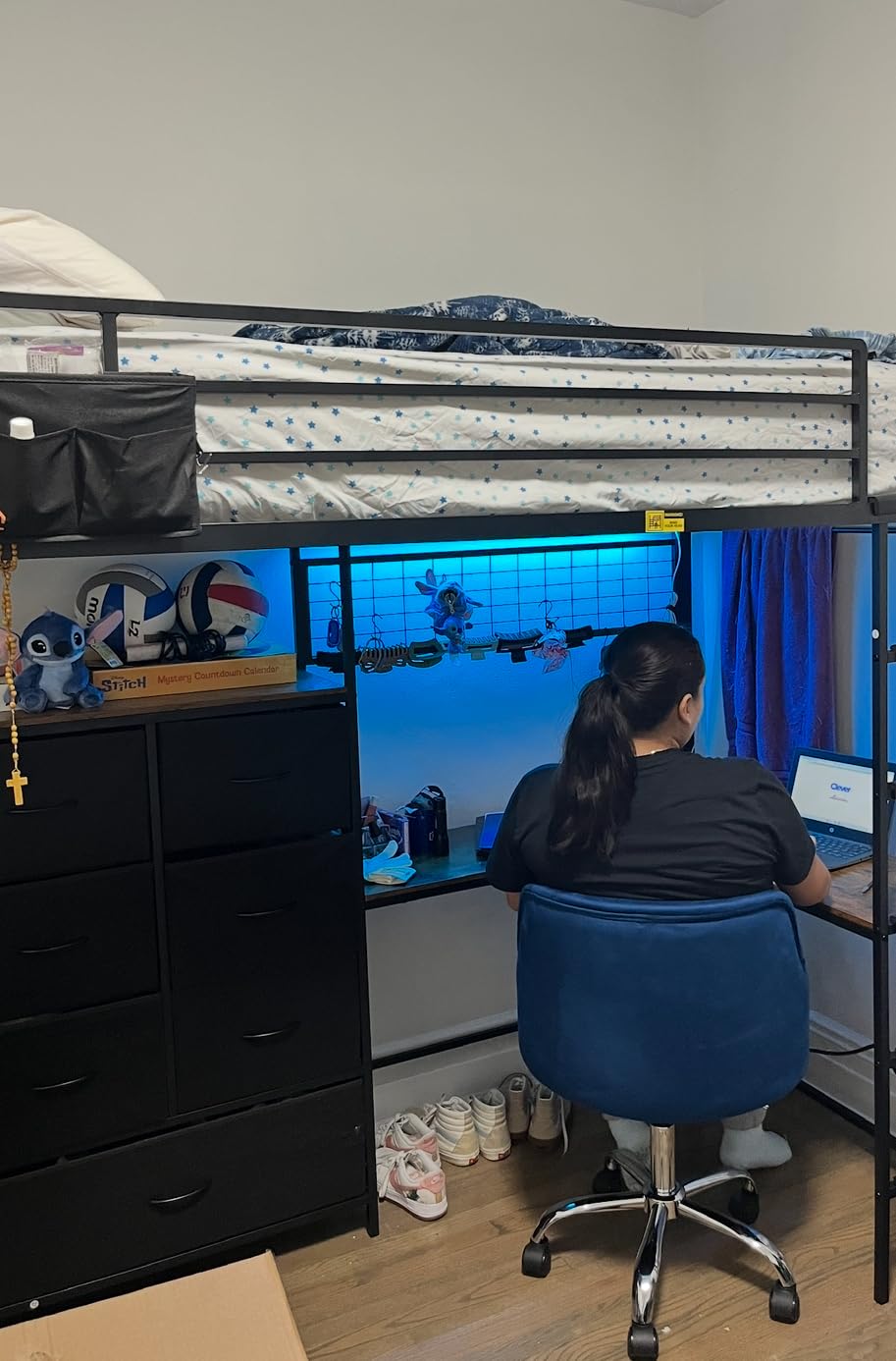 DICTAC Full Loft Bed with L-Shaped Desk and 7 Storage Drawers, Metal Full Size Loft Bed for Teen with LED Lights and Charging Station, 13.11
