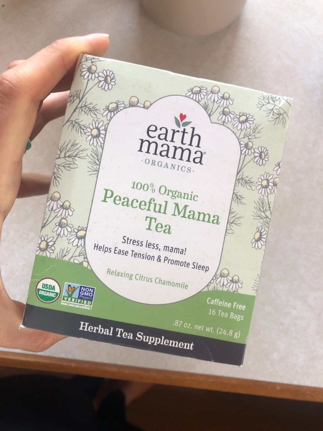 Earth Mama Organic Peaceful Tea | Stress Less! Calming, Relaxing Herbal Blend Safe for Pregnancy & Beyond, 16 Teabags Per Box customer photo 1
