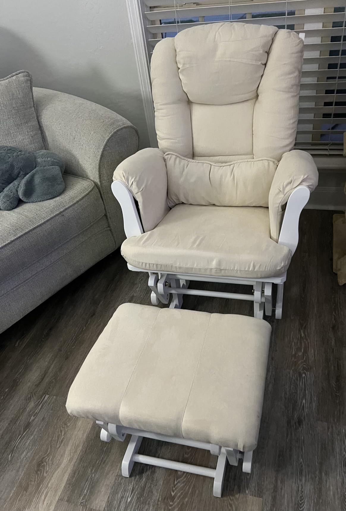 Storkcraft Tuscany Custom Glider and Ottoman with Free Lumbar Pillow (White/Taupe Swirl) - Cleanable Upholstered Comfort Rocking Nursery Chair with Ottoman customer photo 2