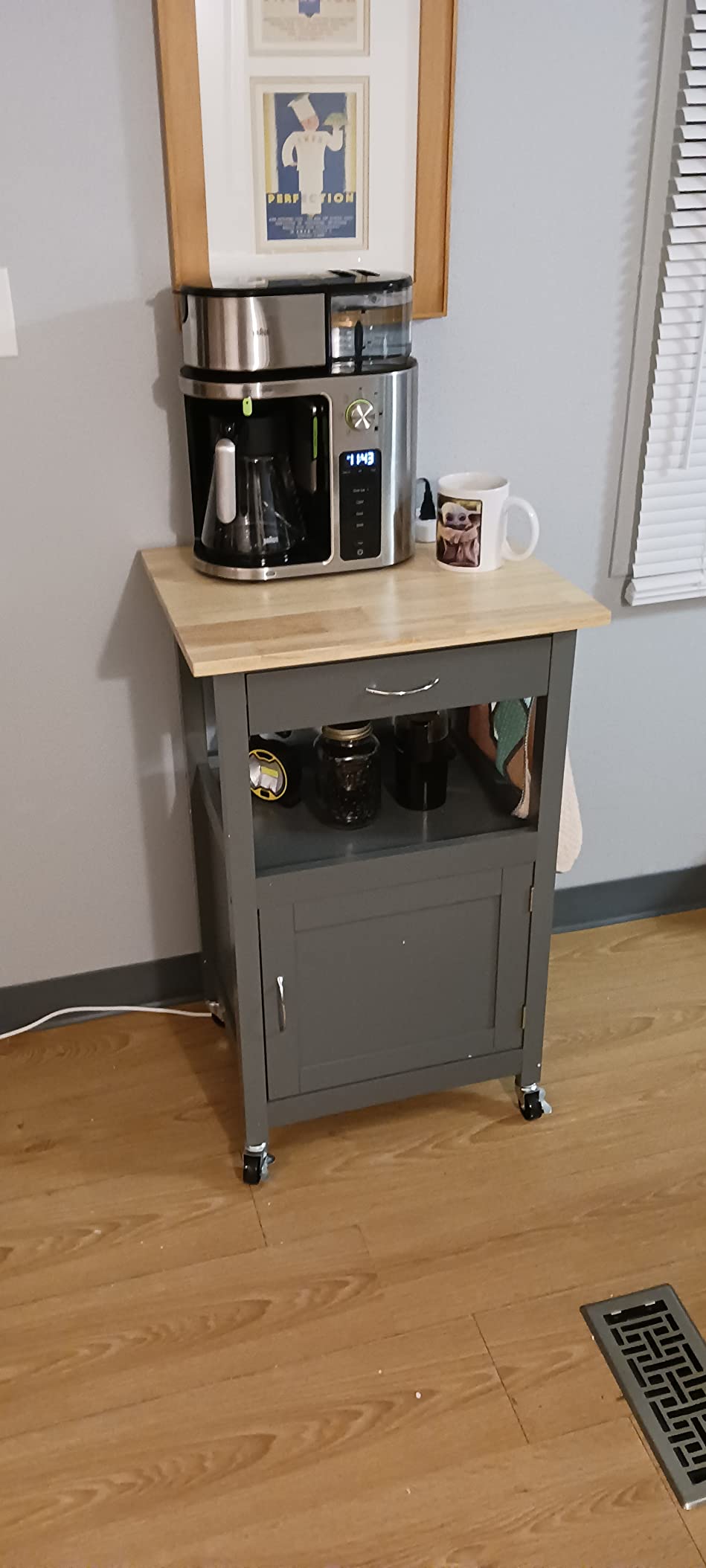 eHemco Kitchen Island Cart on Wheels with Drawer, Storage Cabinet, Shelf and Natural Solid Hardwood Top, White Base customer photo 1