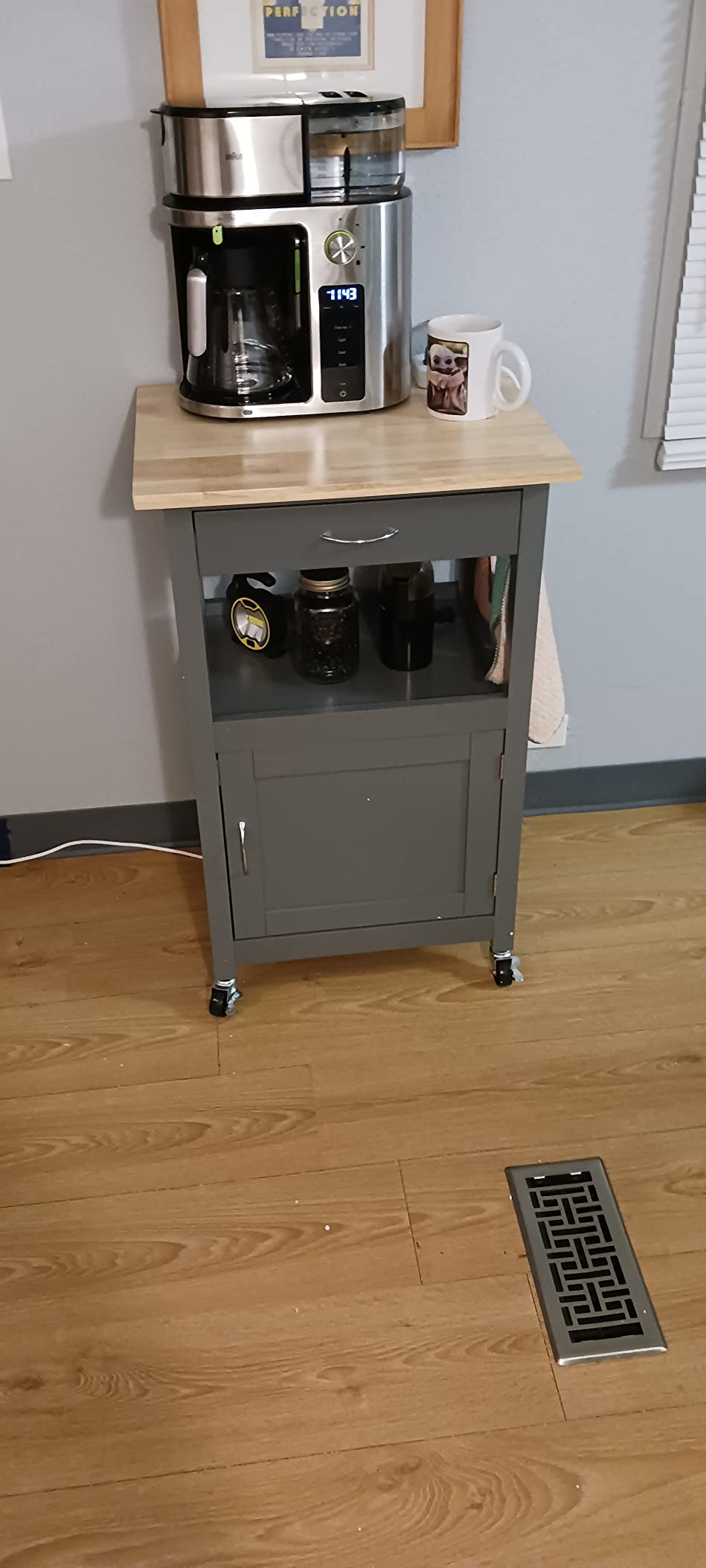 eHemco Kitchen Island Cart on Wheels with Drawer, Storage Cabinet, Shelf and Natural Solid Hardwood Top, White Base customer photo 2
