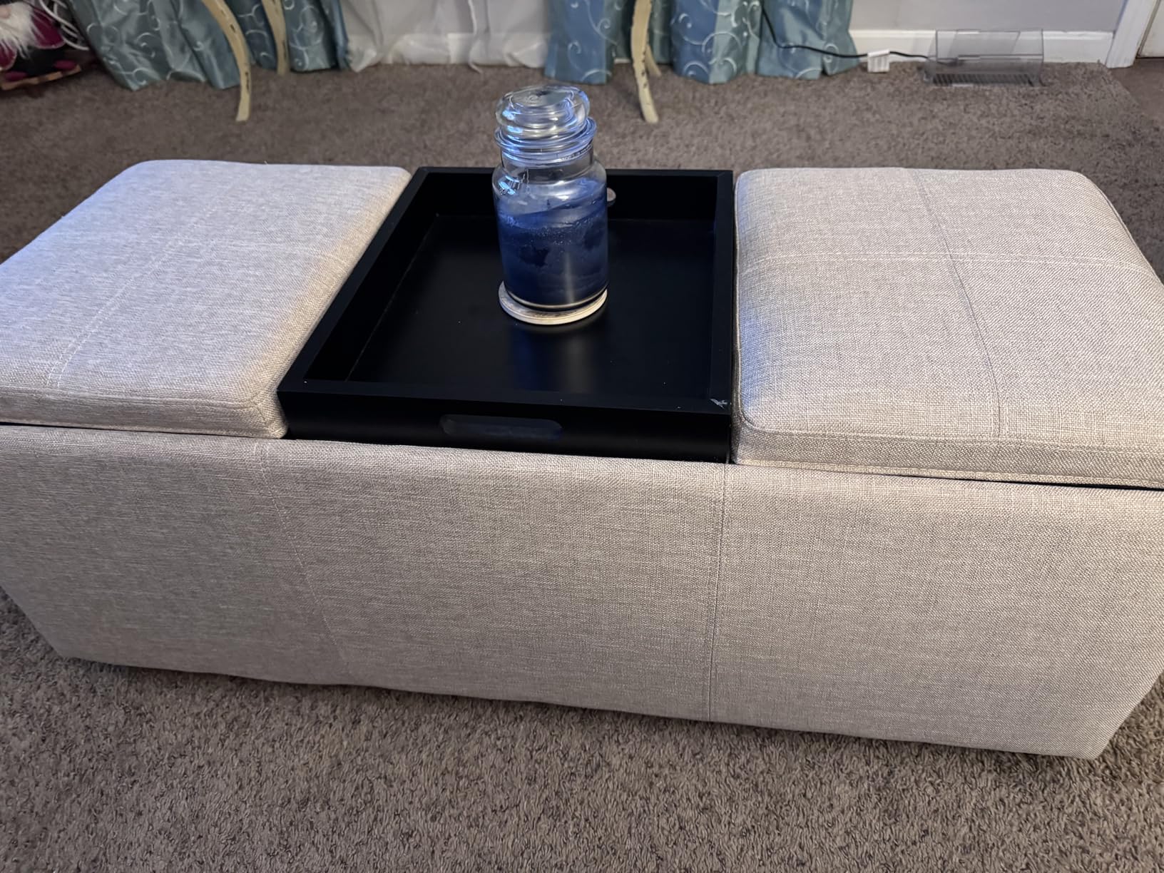 SIMPLIHOME Avalon Storage Ottoman - 42 inch Wide Upholstered Linen Look Fabric Rectangular Flip-Top Ottoman in Natural, Contemporary Coffee Table Ottoman for Living Room with Hidden Storage customer photo 2