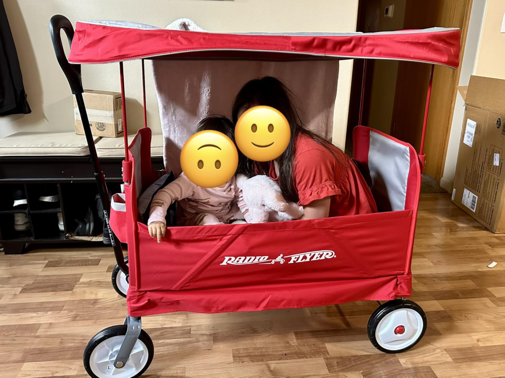 Radio Flyer 3-in-1 EZ Fold Wagon with Canopy, for Kids 1.5+, UV Shade, One-Hand Flat Fold, Seats 2 or Converts to Bench, DuraClean Fabric, Rubber Tires, 150 lb Capacity customer photo 1