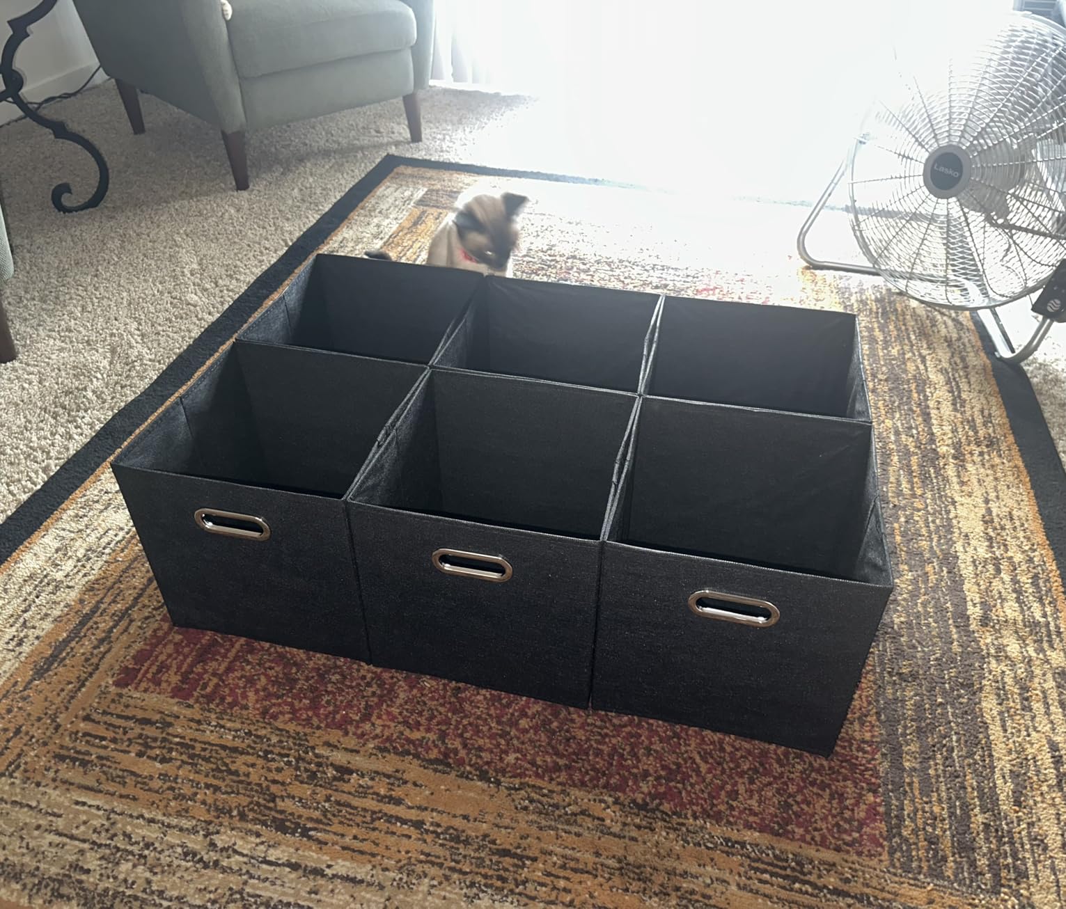 Fabric Storage Bins 6 Piece Set, Strong Poly-Woven Fabric, Sturdy Chipboard Sides, Grommet Front Handle, Stackable and Foldable, Classic Design, Cream customer photo 1