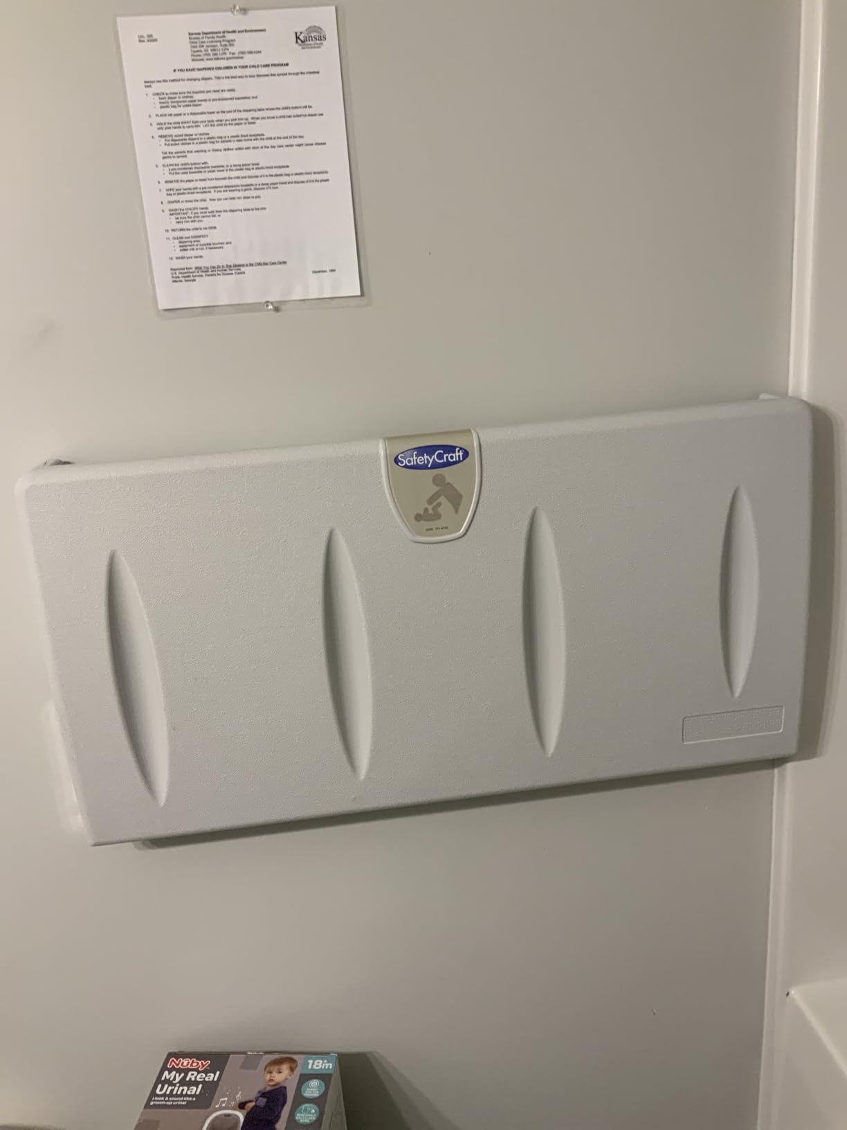 SafetyCraft Horizontal Wall-Mounted Baby Diaper Changing Station - Easy to Clean, High-Density Polyethylene w/Heavy Duty Steel Hinge - Built-in Liner Dispenser for Hooking Purse or Bag, Light Gray customer photo 1