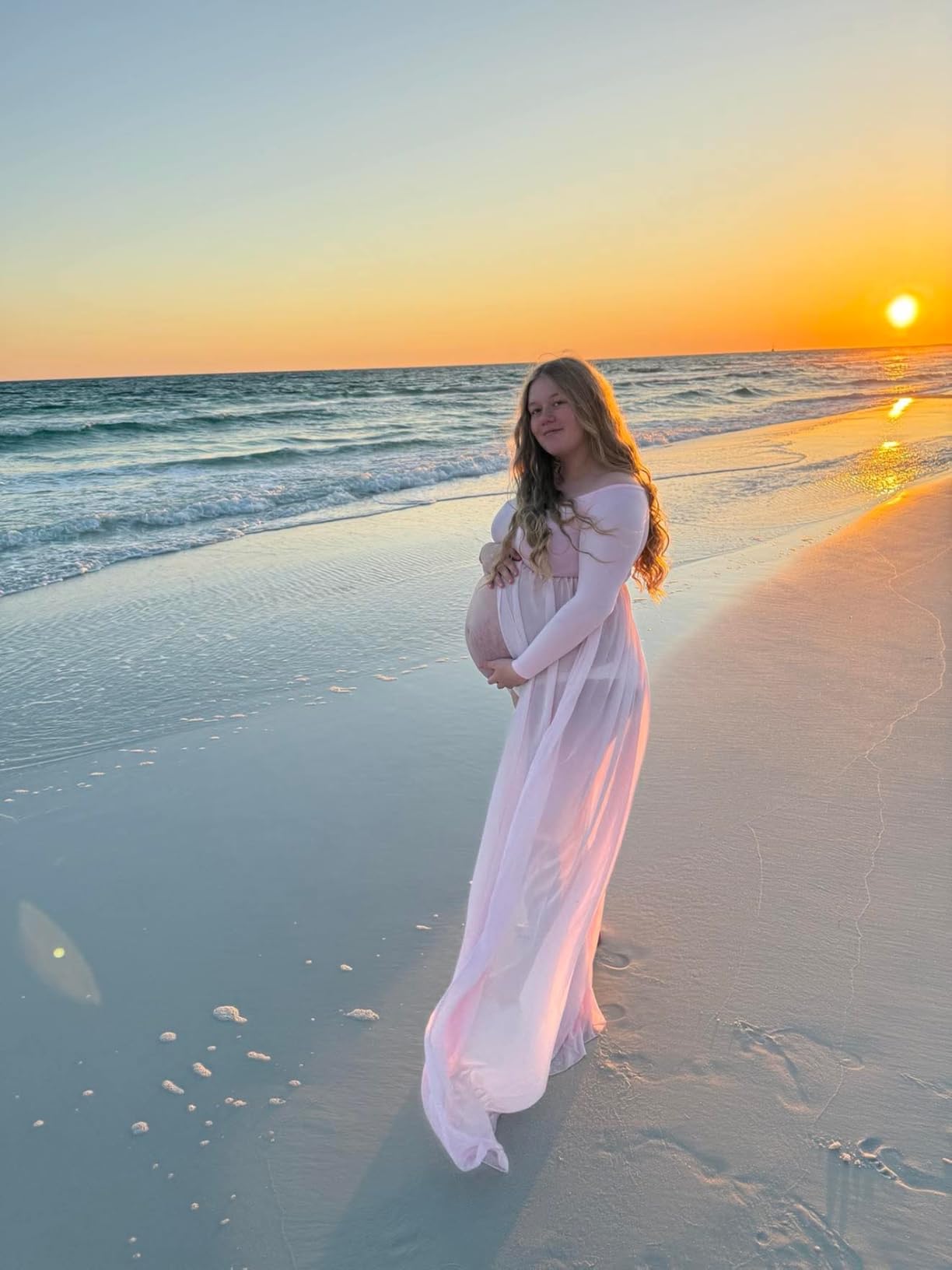 YnimioAOX Women's Off Shoulder Long Sleeve Maternity Dress for Photography Chiffon Maternity Gown for Photoshoot customer photo 2