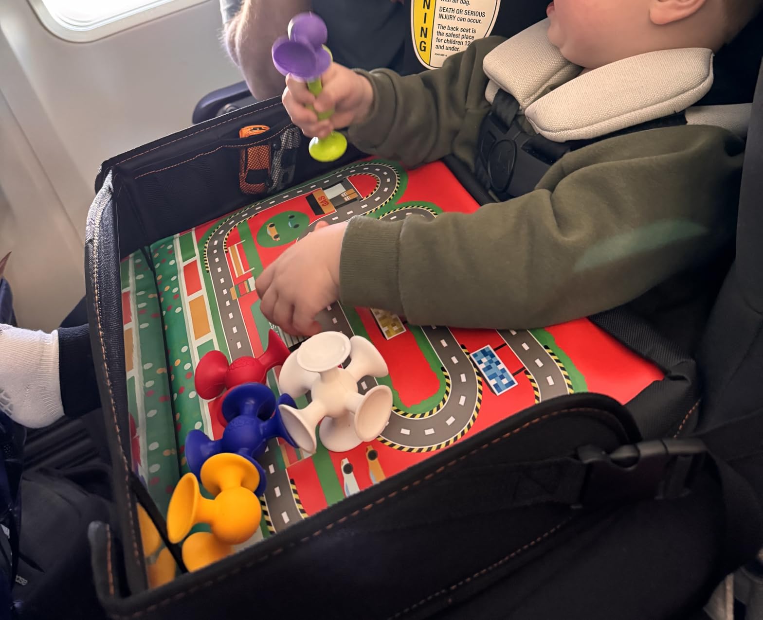 Coolmum Kids Travel Tray, Toddler Car Seat Tray, Double Sided Activity Organizer, Snack Lap Tray, Baby Stroller Table, Airplane Play Table, Waterproof and Foldable (Premium Black) customer photo 1
