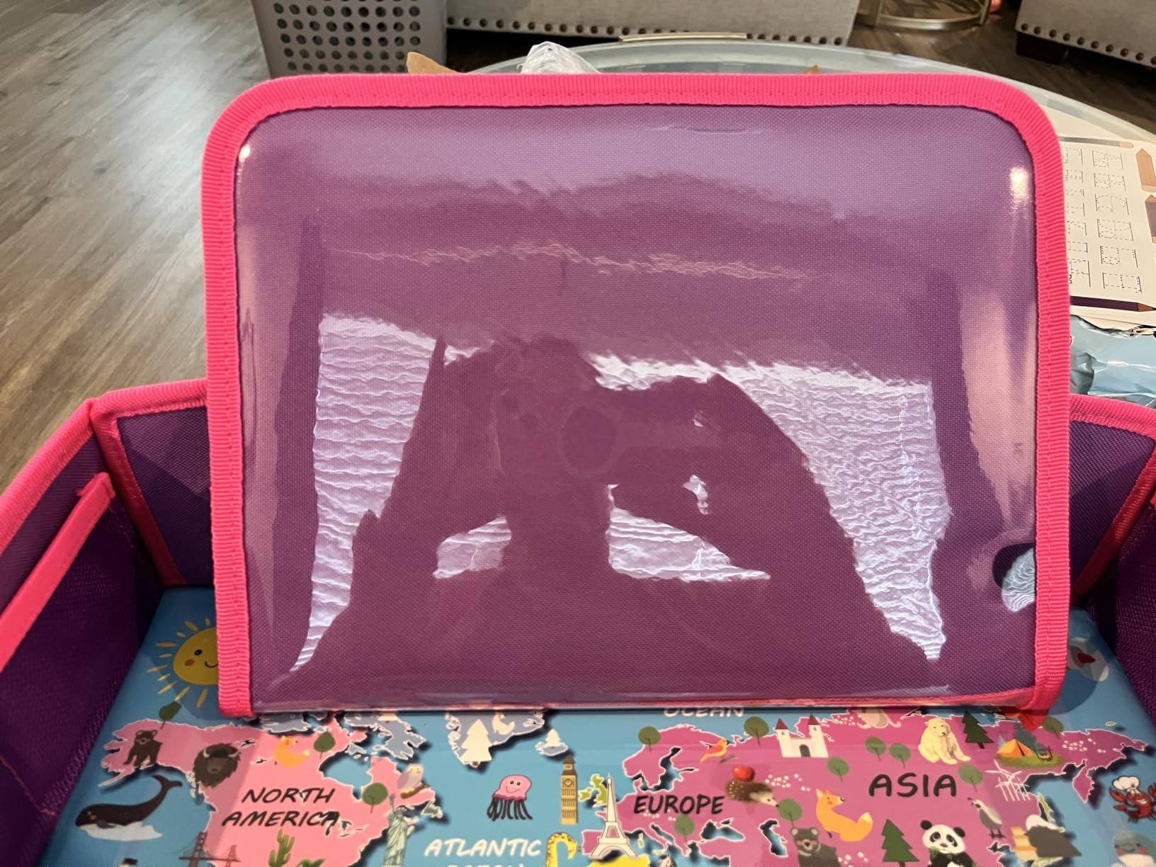 Kids Travel Tray - Waterproof Lap Table with No-Drop Large Tablet Holder - Car Seat Tray - Road Trip Essentials Kids - Car Desk Organizer for Airplane - Toddler Travel Essentials (Pink) customer photo 1