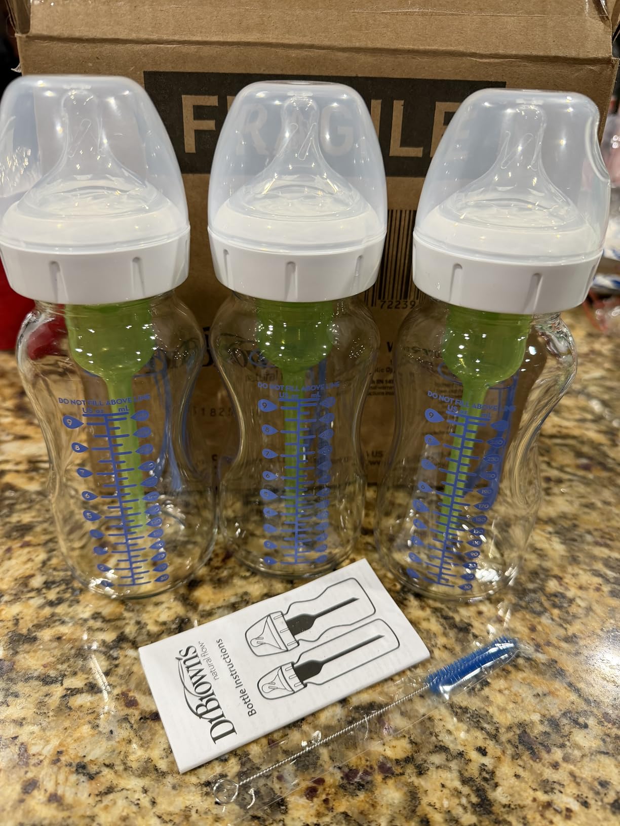 Dr. Brown's Natural Flow Anti-Colic Options+ Wide-Neck Glass Baby Bottles 9 oz/270 mL, with Level 1 Slow Flow Nipple, 3 Pack, 0m+ customer photo 1