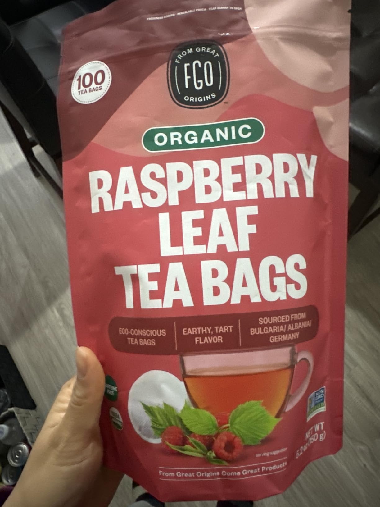 FGO Organic Red Raspberry Leaf Tea Bags, 100 Eco-Conscious Tea Bags, Caffeine Free, Imported from Germany, Resealable Bag, Packaging May Vary (Pack of 1) customer photo 2