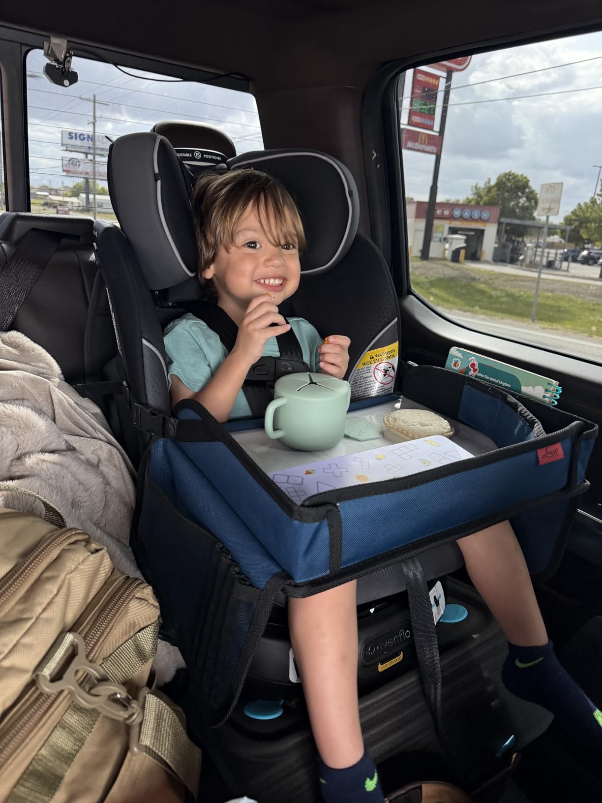 Lusso Gear Car Seat Tray - Dry-Erase Lap Desk for Kids Travel Activities - Snack & Cup Holder for Car Back Seat Organizer - Tablet Stand for Toddler Travel Essentials - Black customer photo 2