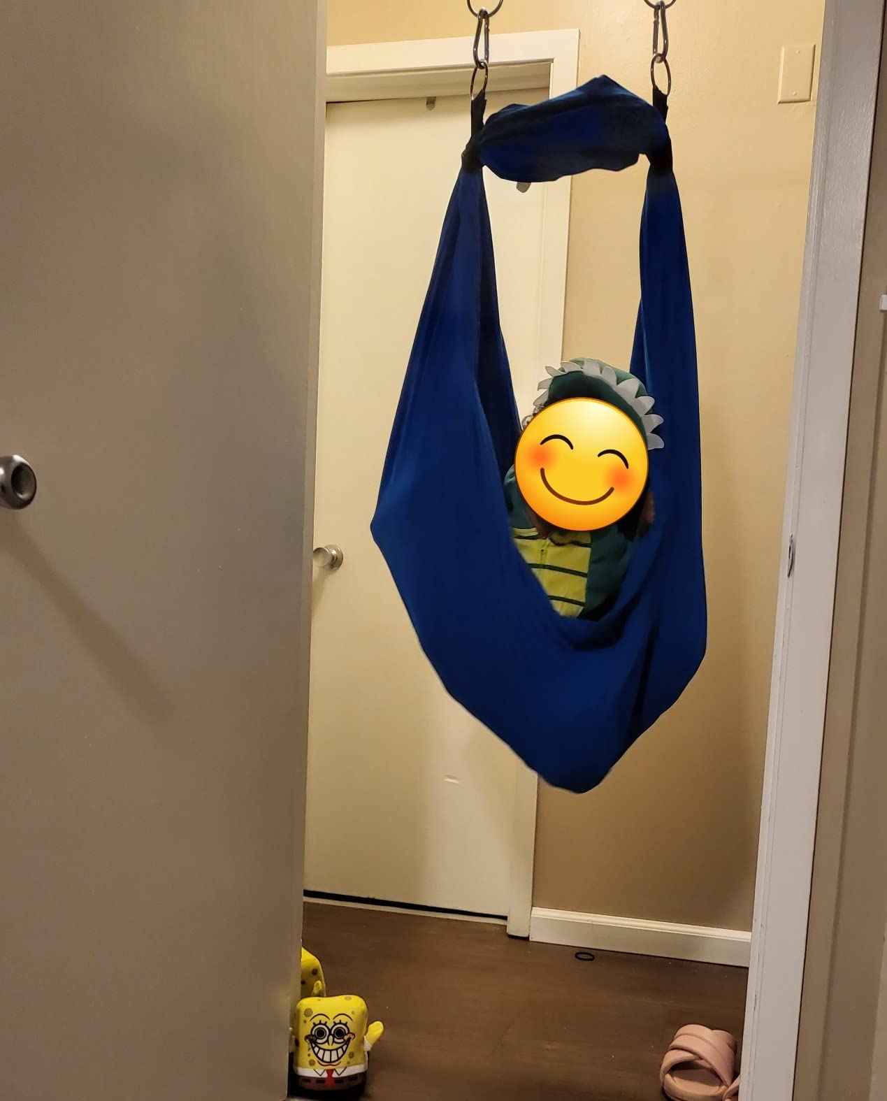 DreamGYM Doorway Sensory Swing - Supports 220lbs, Steel Bar Secured by Brackets - 95% Cotton Compression Swing for Self-Regulation (Blue) customer photo 1