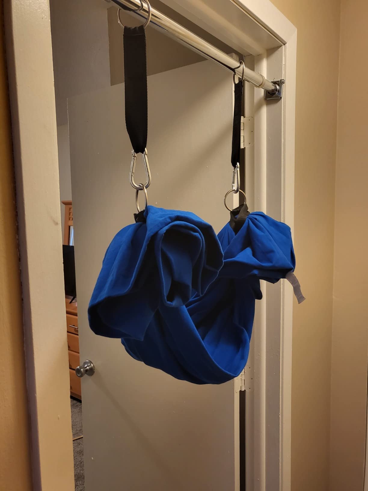DreamGYM Doorway Sensory Swing - Supports 220lbs, Steel Bar Secured by Brackets - 95% Cotton Compression Swing for Self-Regulation (Blue) customer photo 2