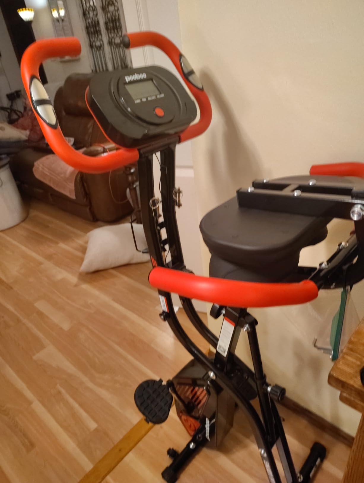 pooboo Folding Exercise Bike, Foldable Upright Stationary Bike, Indoor Cycling Magnetic X-Bike with 8-Level Adjustable Resistance, 6.6 LBS Flywheel, 300LB Capacity, Back Support Cushion for Home Gym customer photo 1