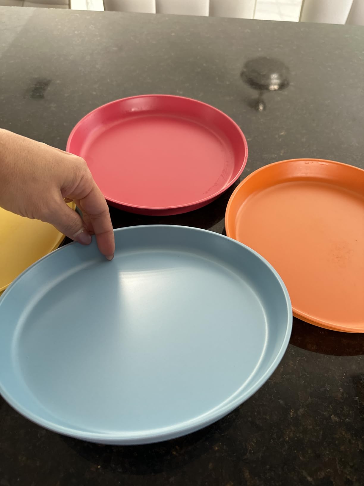WeeSprout Bamboo Plates, Set of 4, Kid-Sized Dinnerware, Dishwasher Safe Melamine Dishware (Pink, Green, Gray, and Beige) customer photo 2