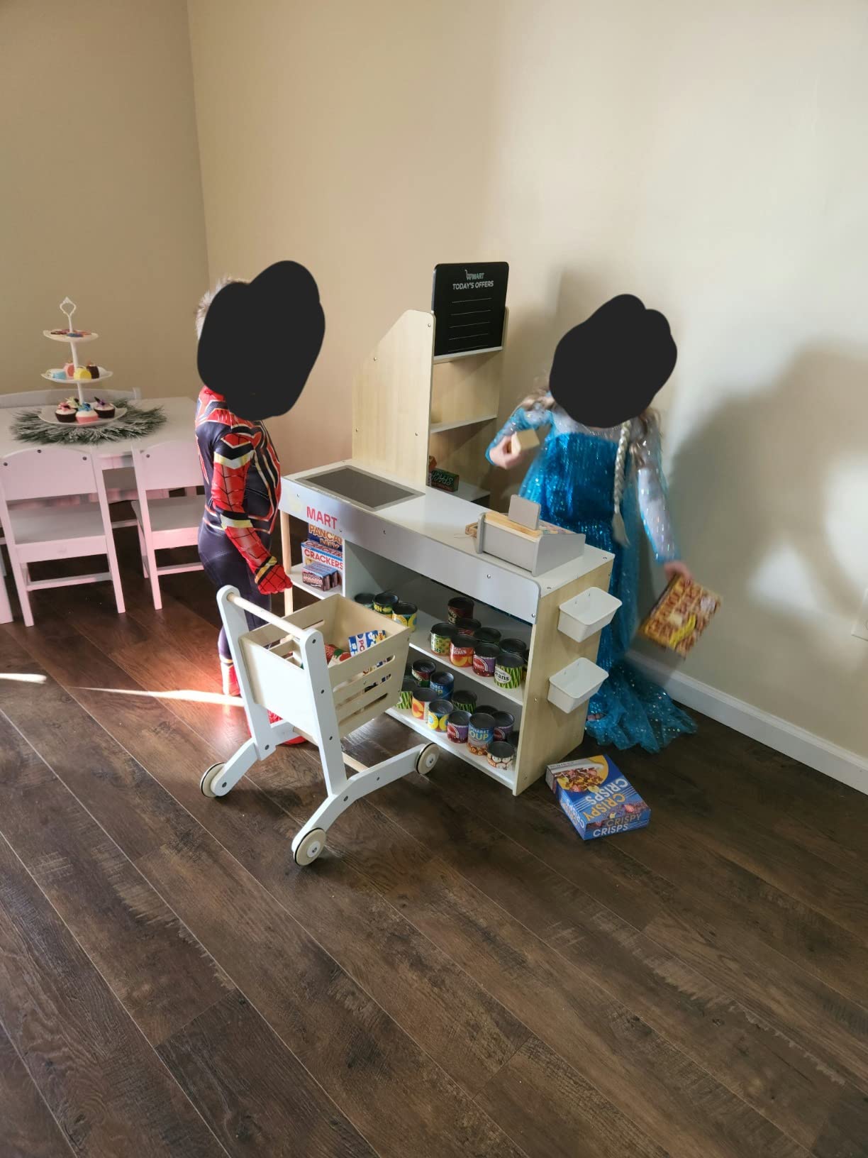 HONEY JOY Kids Grocery Store Playset, Wooden Grocery Store Pretend Play w/Cart, Cash Register Stand w/Coins, Chalkboard, Toddler Supermarket Play Toy for Boys Girls(Play Food Not Included) customer photo 2