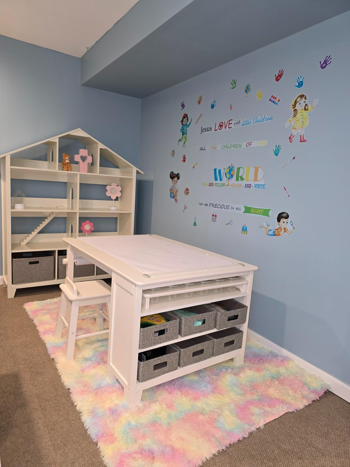 Martha Stewart Kids' Art Table and Chair Set - Linen White: Wooden Play Table for Arts and Crafts| Coloring Desk with Paint Cups, Paper Roll and Craft Supplies Storage Bins customer photo 1