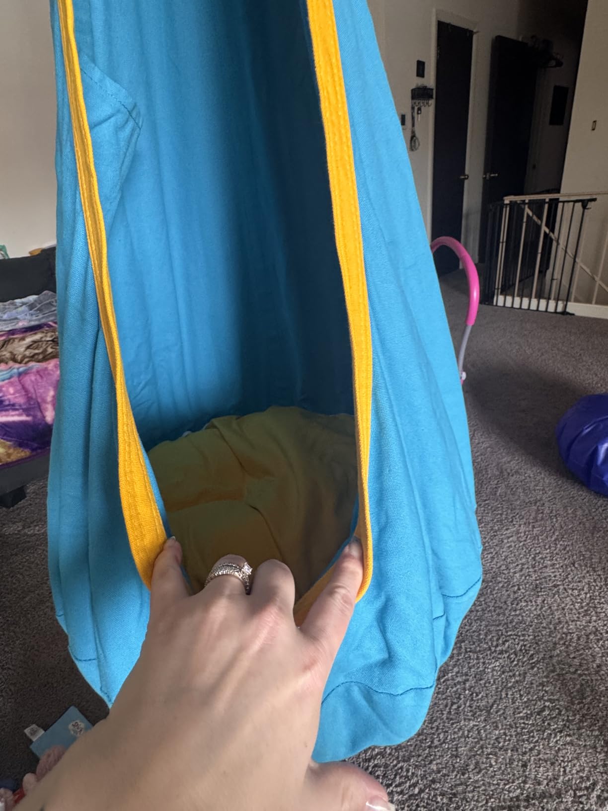Y- STOP Pod Swing for Kids, Sensory Indoor Hanging Hammock Chair with Inflatable Pillow Sensory Cocoon Pod Swing Seat for Kids with Pocket for Indoor and Outdoor Blue and Green customer photo 1