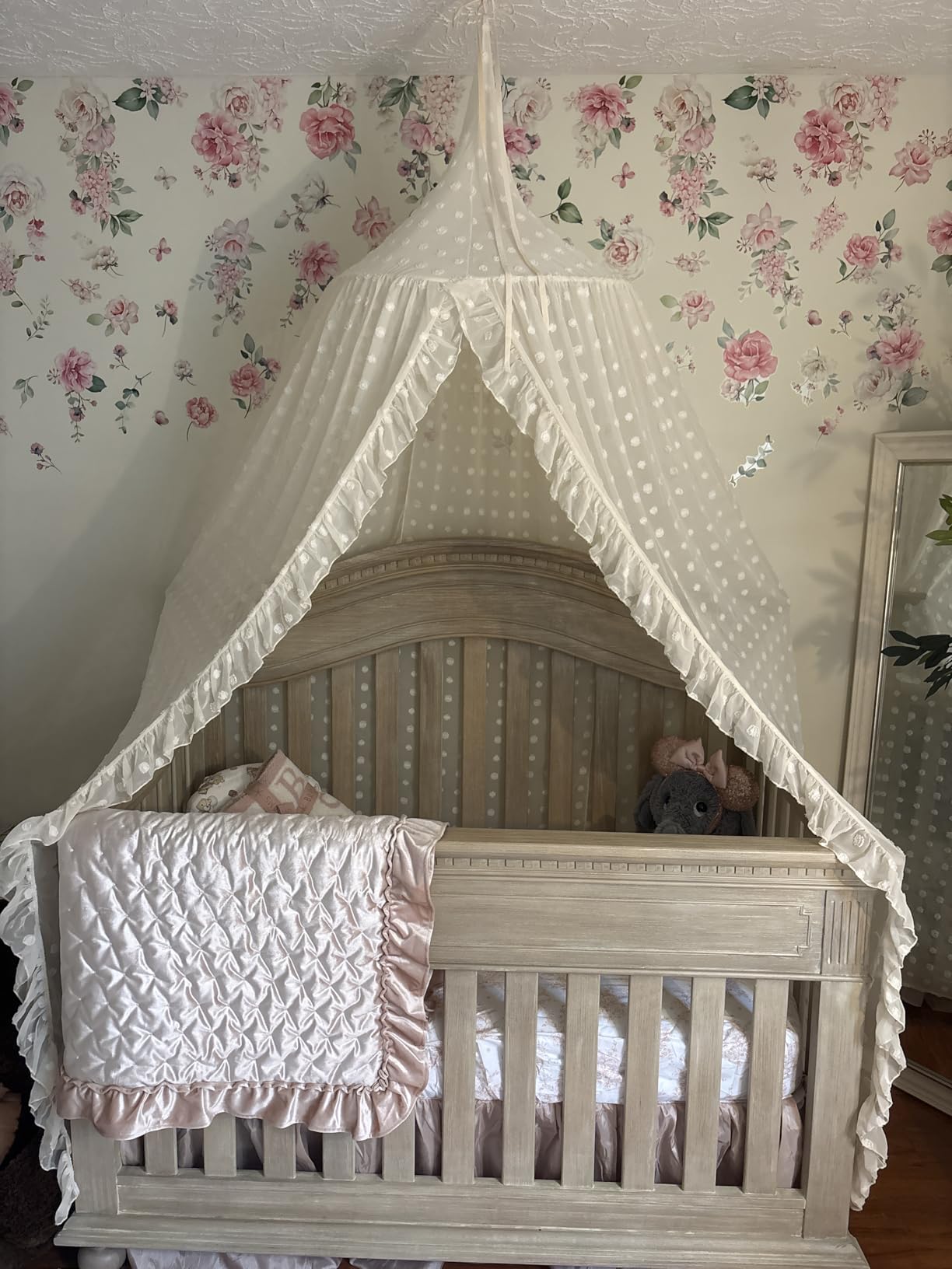 Wonder Space Elegant Kids Bed Canopy - Lace Chiffon Netting with Pom Pom, Princess Girls Fairy Dream Tent, Nursery Room Baby Crib Hanging Curtain Mosquito Net Children Reading Nook Decoration (Beige) customer photo 1