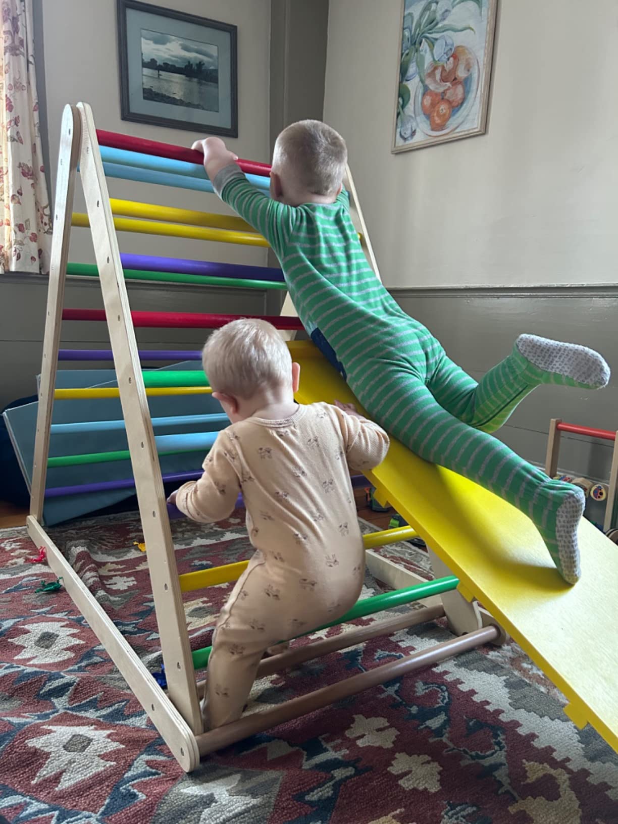 HONEY JOY Triangle Climber with Ramp, 2-in-1 Indoor Toddler Climbing Triangle Set with Ladder & Slide, Foldable Wooden Kids Climbing Toys for Playground, Gym & Daycare, Gift for Boys Girls (Natural) customer photo 1
